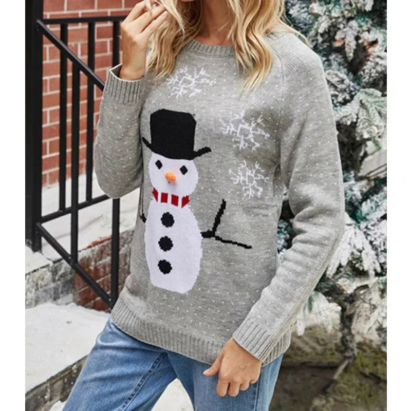 Cute Funny Snowman Jacquard Christmas Knitted Autumn Winter Loose Sweater Sweaters-L
