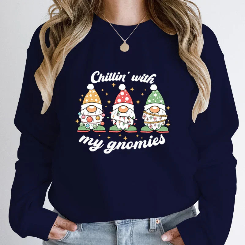 Hoodless Light Chillin’ Gnomies Round Neck Pullover Christmas Hoodie Deep Blue / S Hoodies-L