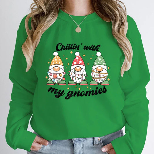 Hoodless Light Chillin’ Gnomies Round Neck Pullover Christmas Hoodie Green / S Hoodies-L
