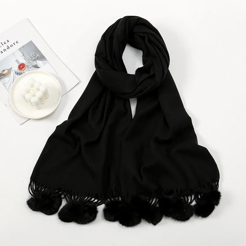 Rabbit Fur Ball Cashmere Pompom Oversize Blanket Scarf For Women Black Scarfs-L