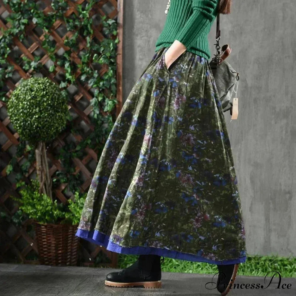 A-Line Folded Fall Floral Long Skirt with Pockets Green Skirts / One Size skirt-250126