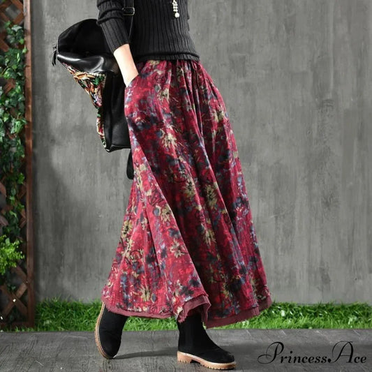 A-Line Folded Fall Floral Long Skirt with Pockets Red Skirts / One Size skirt-250126