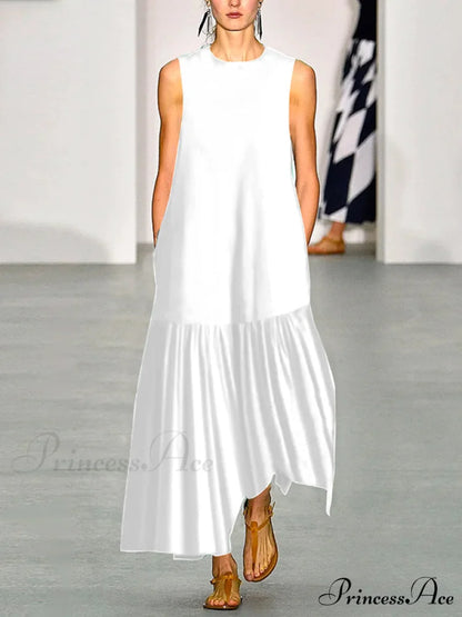 A-Line Long Sleeves Pleated Solid Classic Color Lapel Collar Midi Dresses WHITE / S
