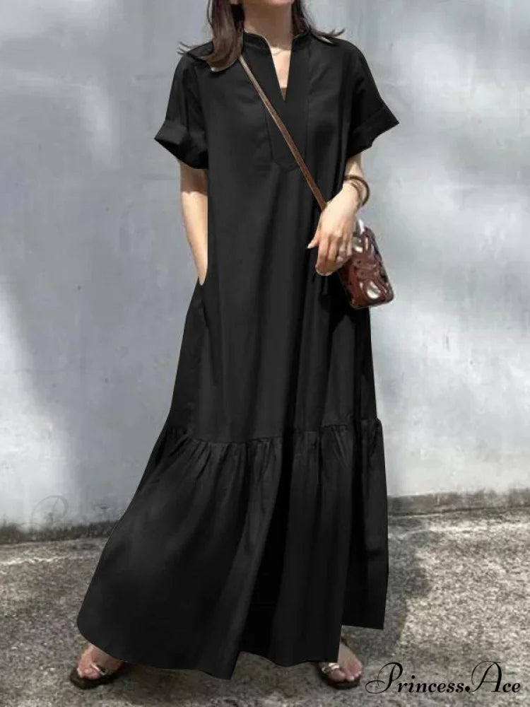 A-Line Loose Solid Color Modern Split-Joint Round-Neck Maxi Dresses BLACK / S