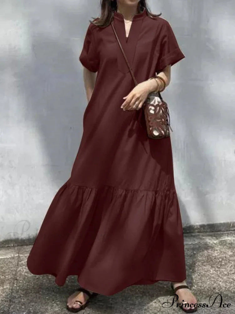 A-Line Loose Solid Color Modern Split-Joint Round-Neck Maxi Dresses BURGUNDY / S
