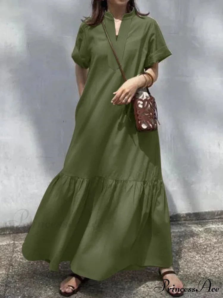 A-Line Loose Solid Color Modern Split-Joint Round-Neck Maxi Dresses DEEP GREEN / S