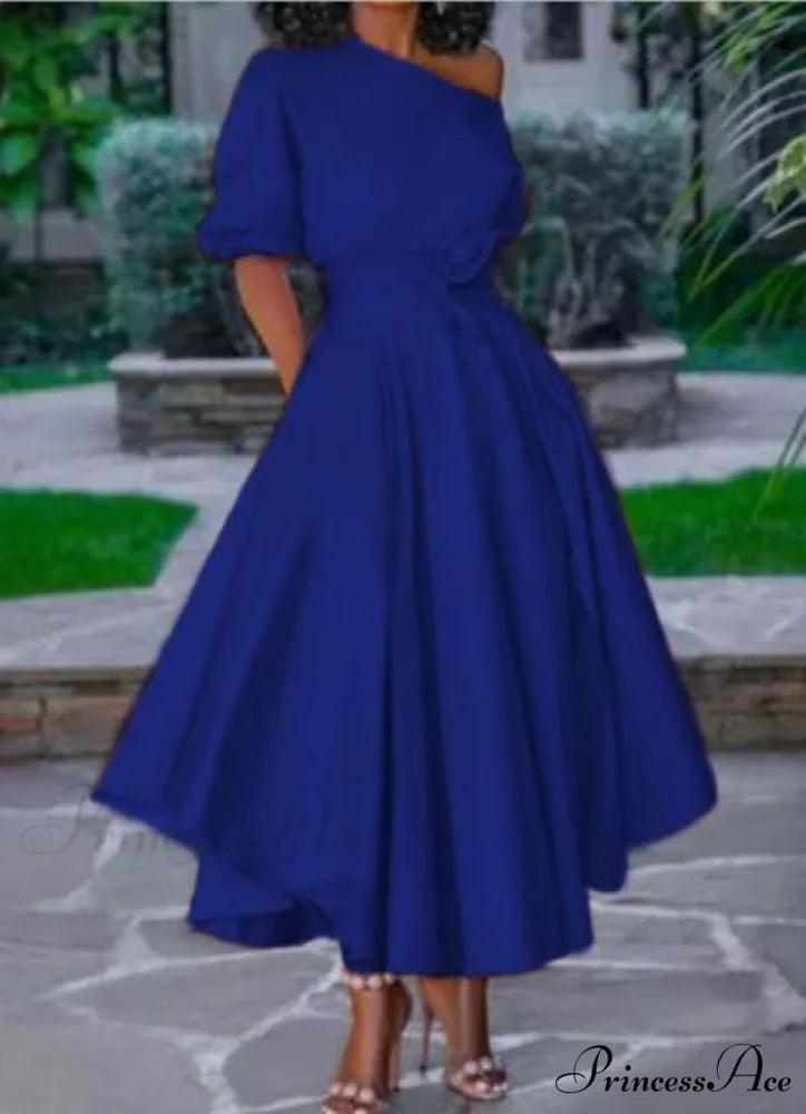 A Line Pleated Orange Elegant Dress Blue / S