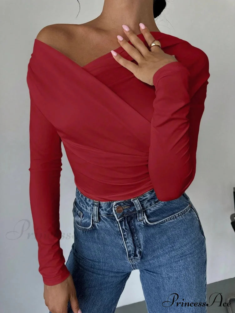 A-line Shoulder Long Sleeve Slim Knitted Top Women red / XS knittop-250126