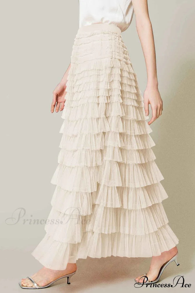 A-line Tiered Mesh Skirt Beige / 2XL