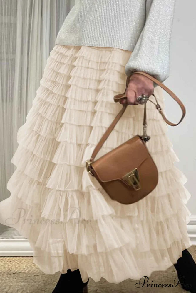 A-line Tiered Mesh Skirt Beige / L