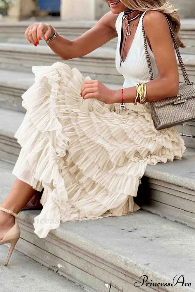 A-line Tiered Mesh Skirt Beige / M