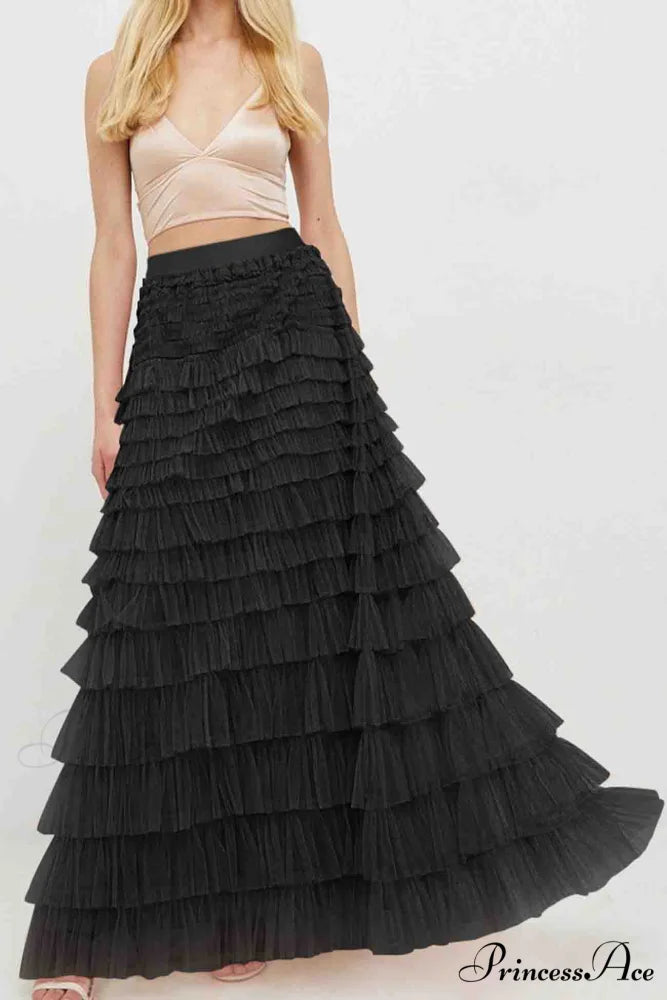 A-line Tiered Mesh Skirt Black / L