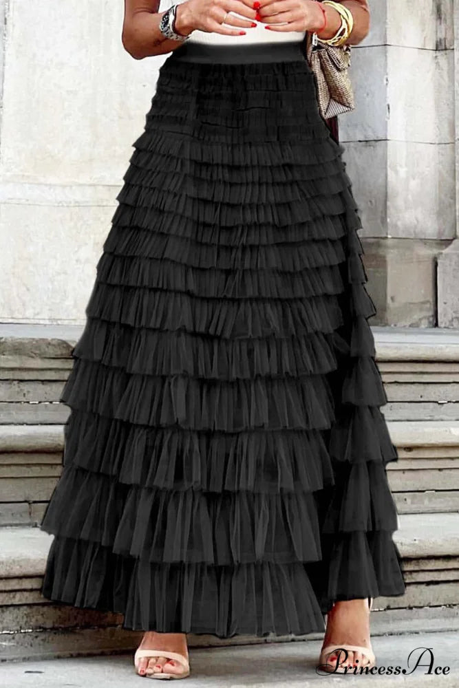 A-line Tiered Mesh Skirt Black / M