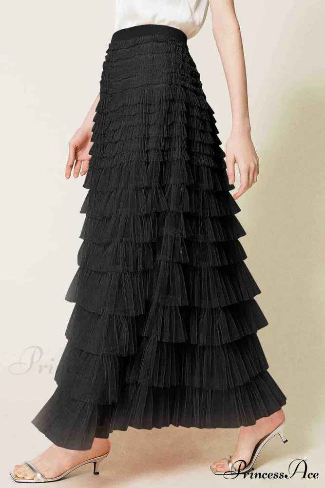 A-line Tiered Mesh Skirt Black / S