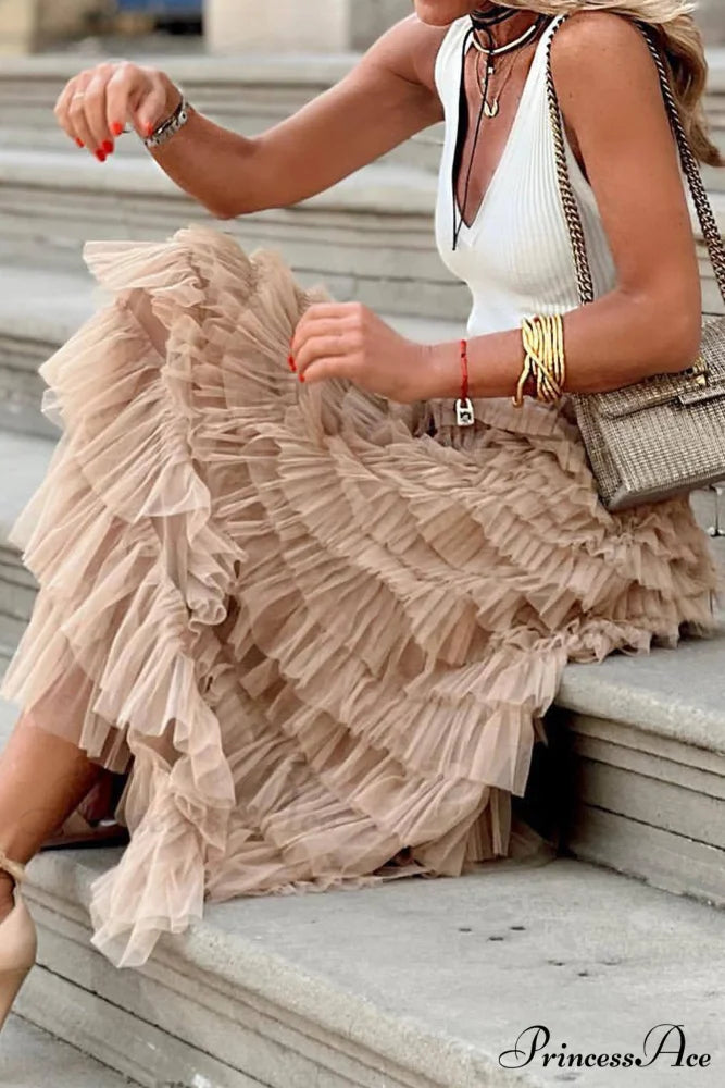 A-line Tiered Mesh Skirt Khaki / L