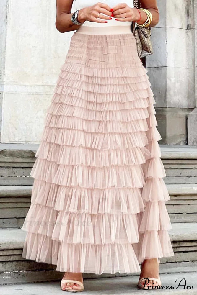 A-line Tiered Mesh Skirt Pink / S