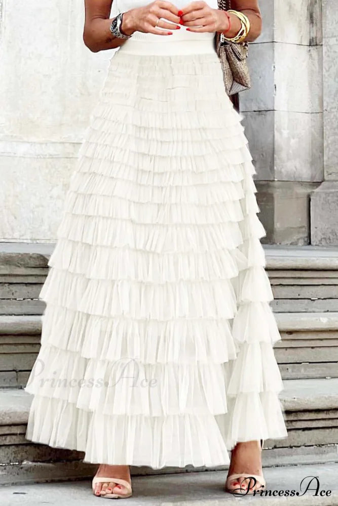 A-line Tiered Mesh Skirt White / S