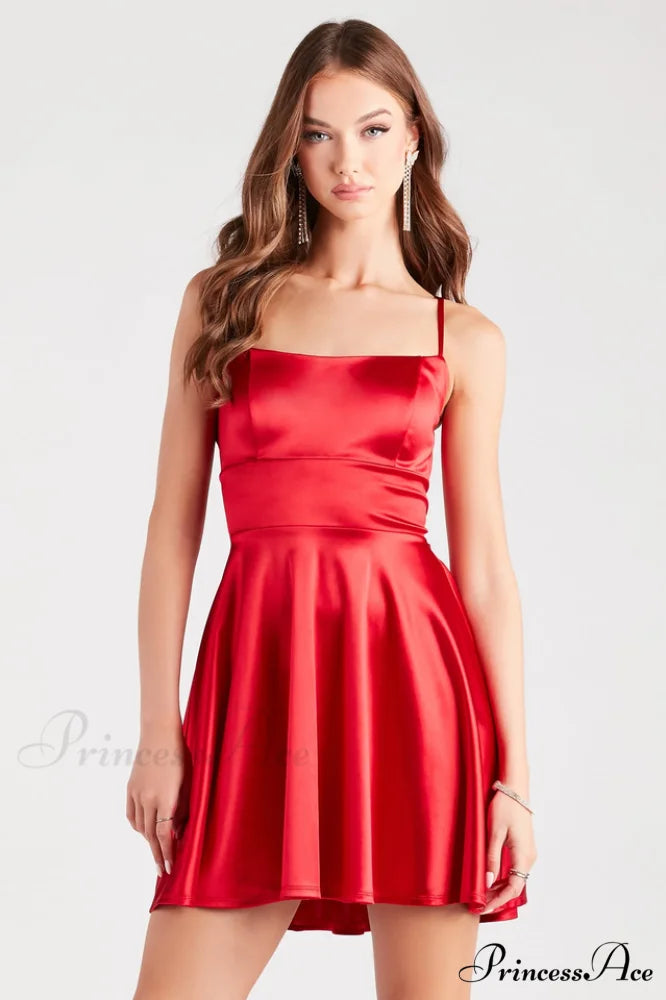 A Moment In Charming Satin Skater Dress XS / Red