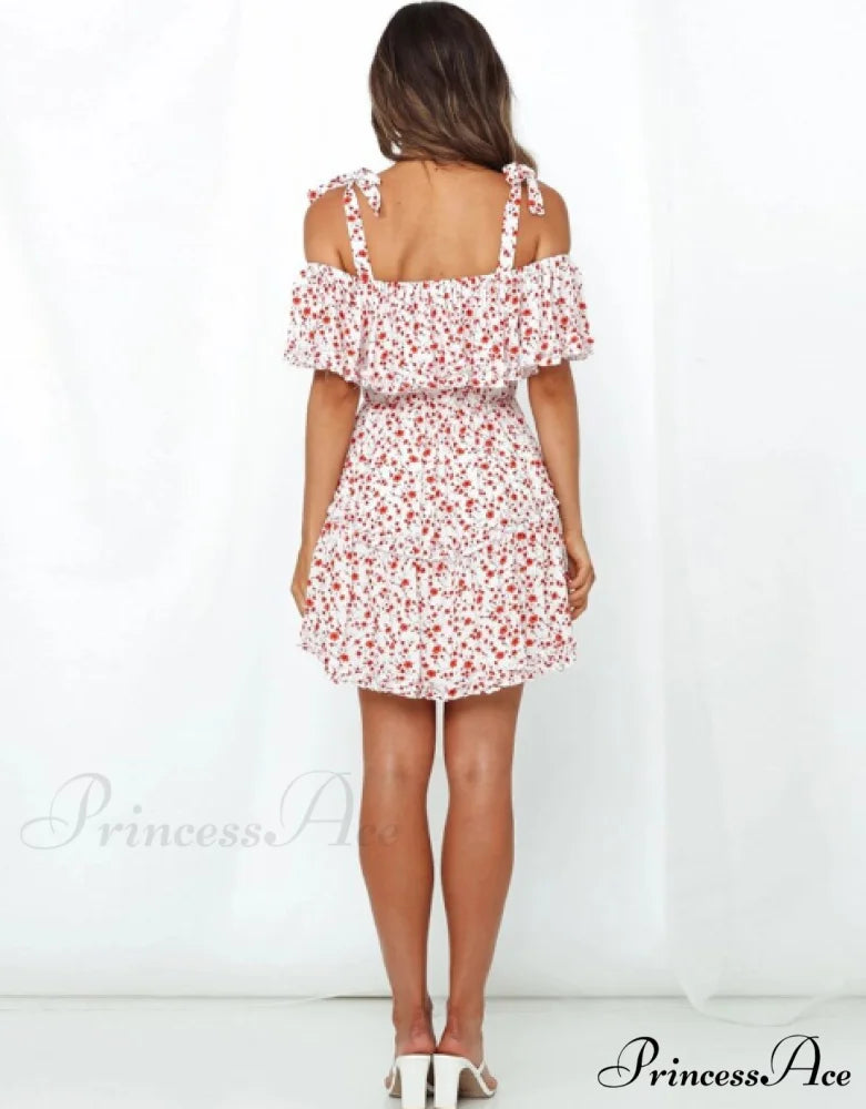 A Patterned Brief Festive Women Gown Coastal Slash Arm Bohemian Line Neck Ruffle Mini Dress