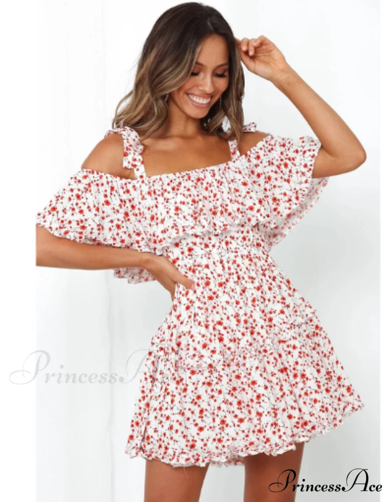 A Patterned Brief Festive Women Gown Coastal Slash Arm Bohemian Line Neck Ruffle Mini Dress