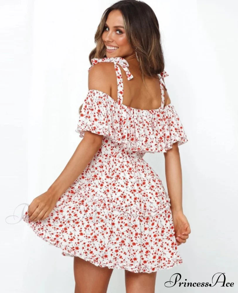 A Patterned Brief Festive Women Gown Coastal Slash Arm Bohemian Line Neck Ruffle Mini Dress