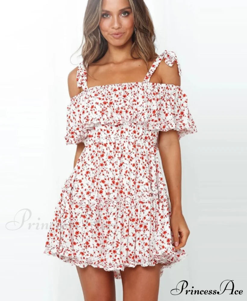 A Patterned Brief Festive Women Gown Coastal Slash Arm Bohemian Line Neck Ruffle Mini Dress