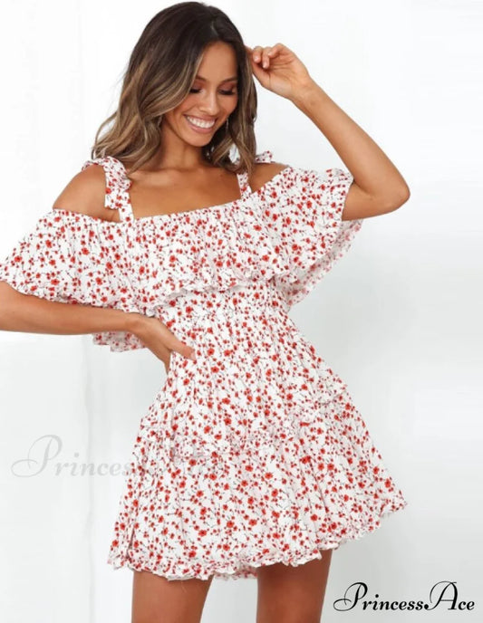 A Patterned Brief Festive Women Gown Coastal Slash Arm Bohemian Line Neck Ruffle Mini Dress