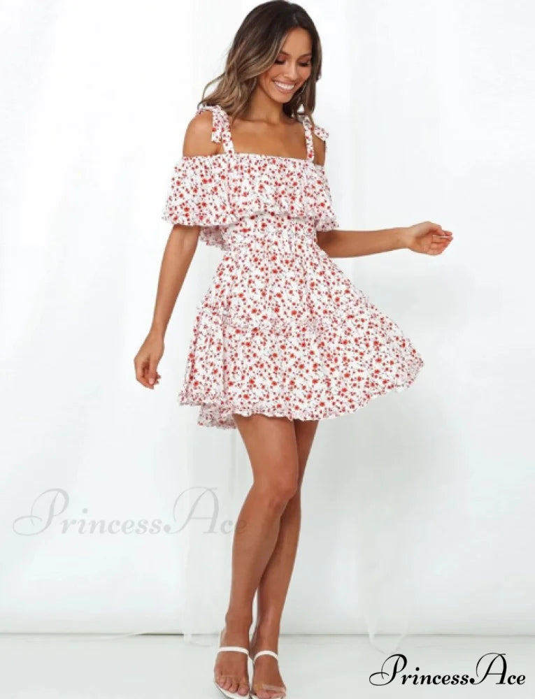 A Patterned Brief Festive Women Gown Coastal Slash Arm Bohemian Line Neck Ruffle Mini Dress