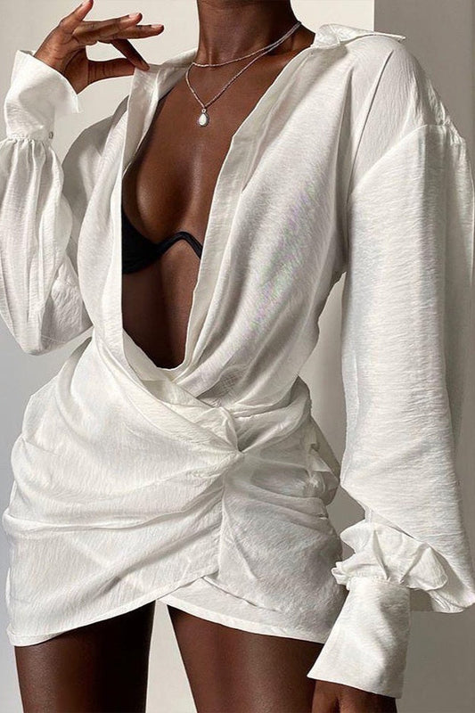 Long Sleeve Shirt Sexy Deep V Linen Mini Dress