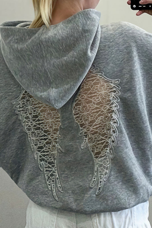 Lace Wing Back Cropped Zip Up Hoodie