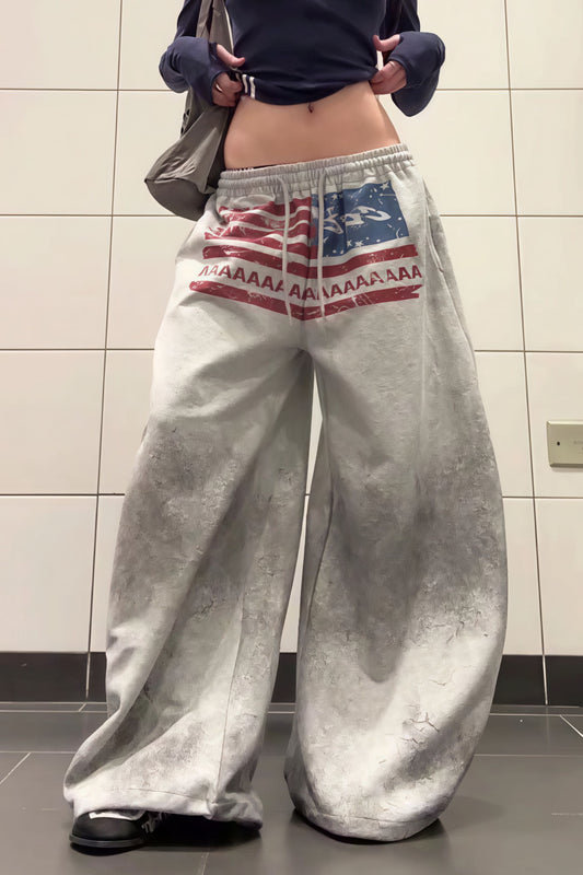 Retro Gray Graphic Drawcord Baggy Sweat Pants
