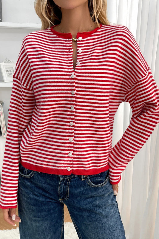 Striped Knit Round Neck Cardigan