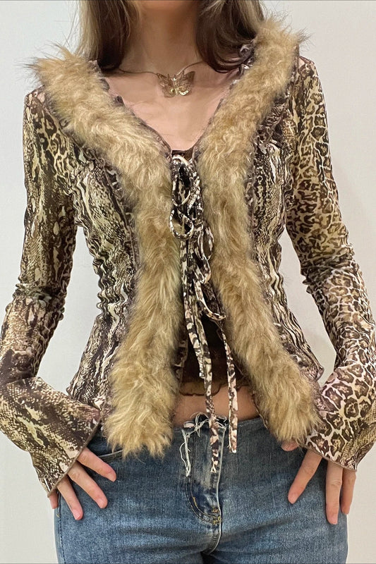 Leopard Fur Trim Mesh V-Neck Blouse
