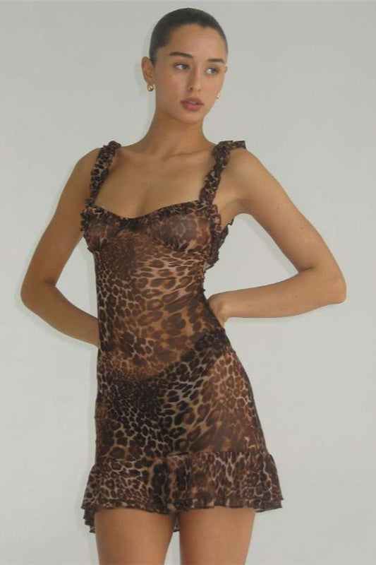 Leopard Mesh V Neck Backless Cami Mini Dress
