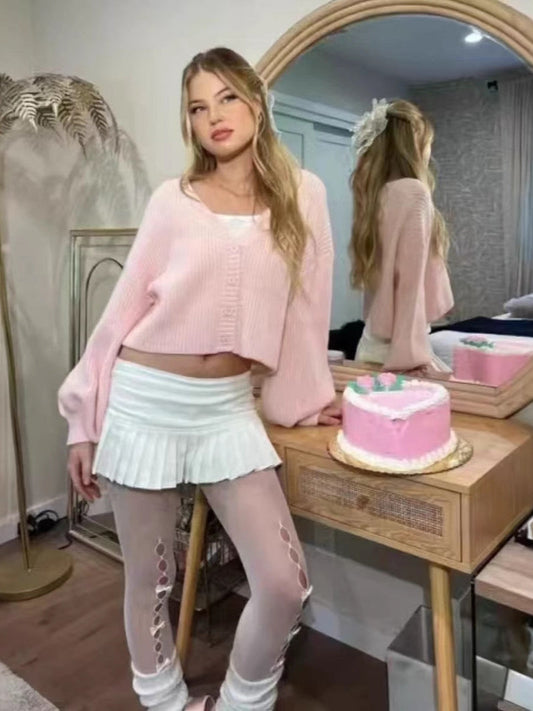 Pink Ribbed Knit Cardigan