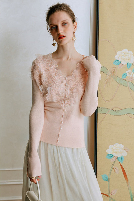 Feather Lace Detail Knit Top