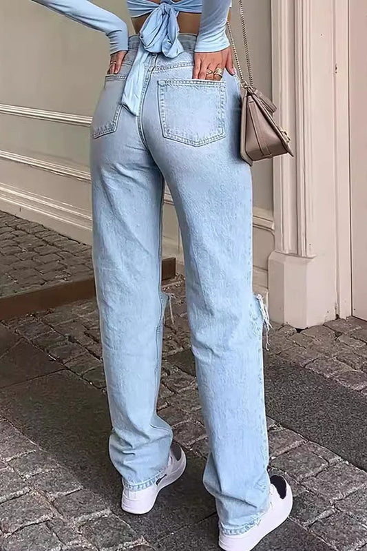 Distressed Light-Wash Straight Jeans