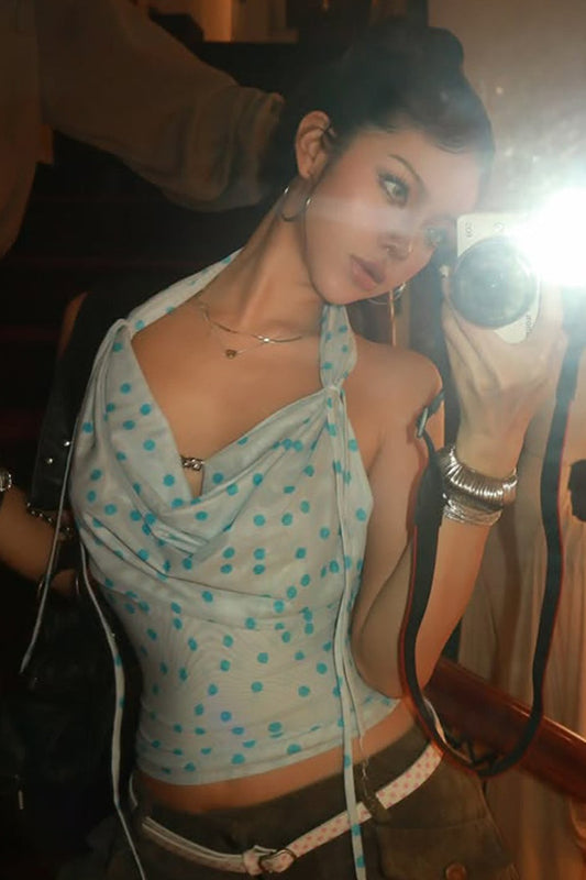 Halter V Neck Polka Dot Tank Top