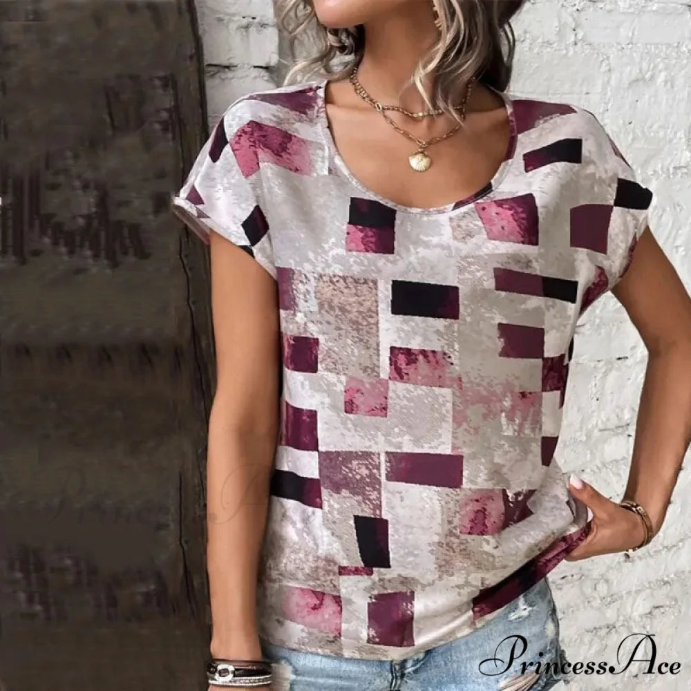 Abstract Plaid Casual T-Shirt Wine red / S