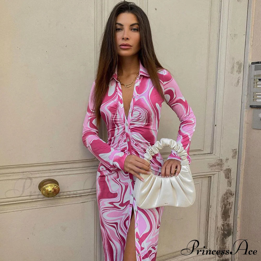 Abstract Print Slip Party Modern Maxi Dress - Multicolor M / Pink