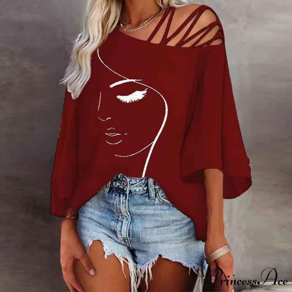 Abstract Skew Women Bandage Design and Blouse Neckline with Tee Detail 04 Wine Red / S