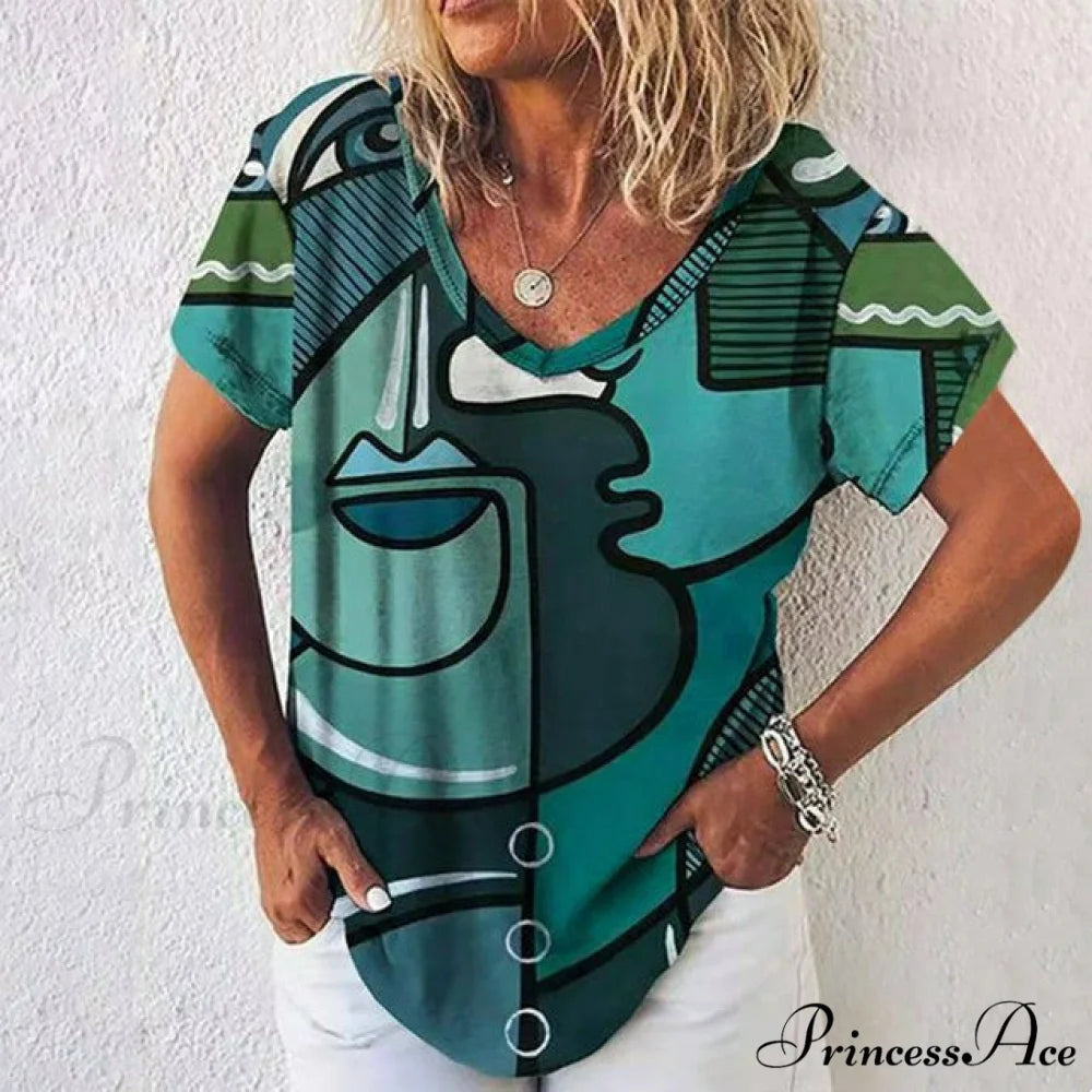 Abstract T-Shirt Casual with Print Green / S