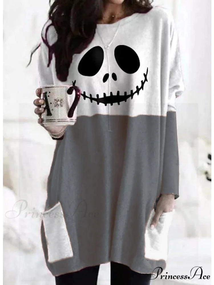 Abstract Women’s Design Black Painting Shirts Round Neck Block White Halloween Long Tunic Plaid Weekend and for and Arm
