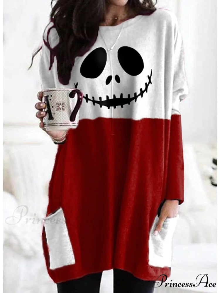 Abstract Women’s Design Black Painting Shirts Round Neck Block White Halloween Long Tunic Plaid Weekend and for and Arm