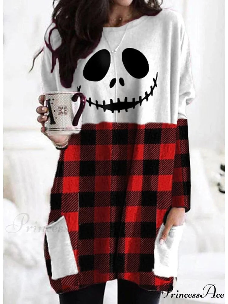 Abstract Women’s Design Black Painting Shirts Round Neck Block White Halloween Long Tunic Plaid Weekend and for and Arm