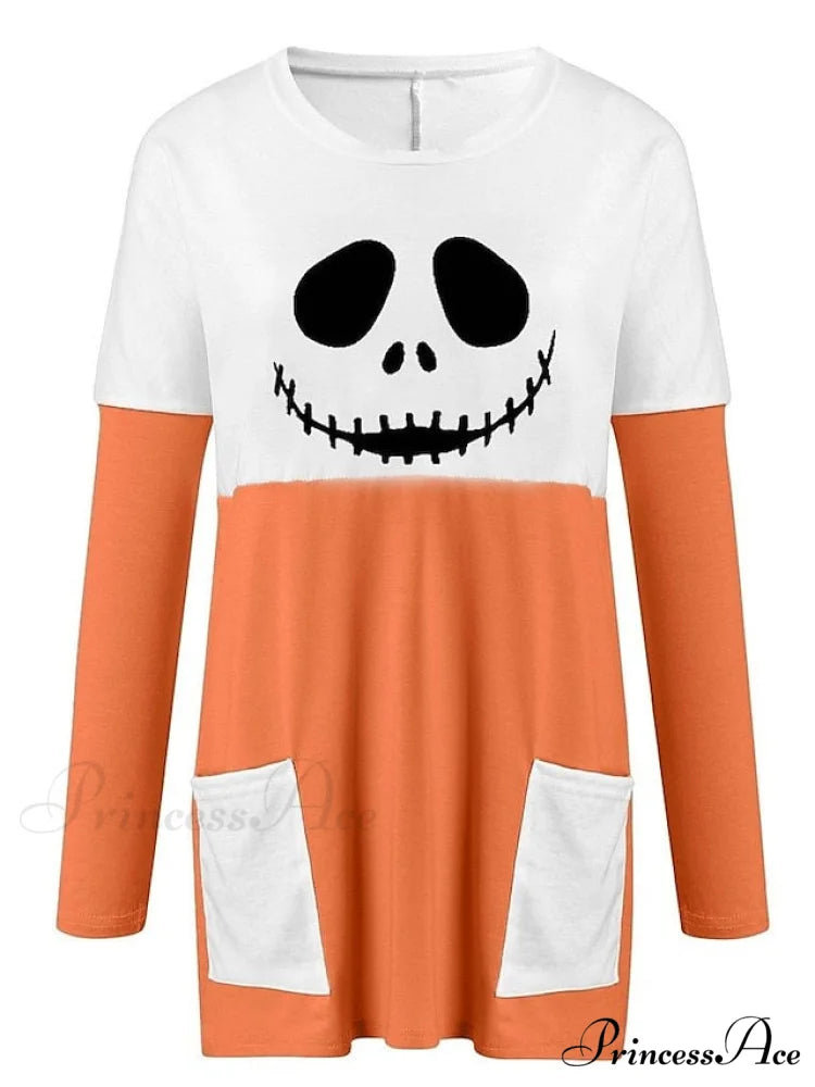 Abstract Women’s Design Black Painting Shirts Round Neck Block White Halloween Long Tunic Plaid Weekend and for and Arm