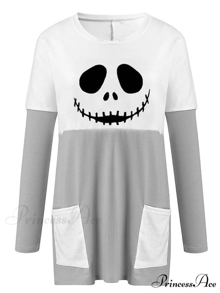 Abstract Women’s Design Black Painting Shirts Round Neck Block White Halloween Long Tunic Plaid Weekend and for and Arm