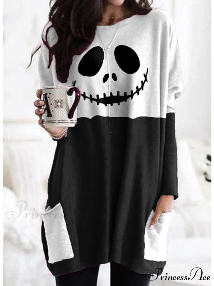Abstract Women’s Design Black Painting Shirts Round Neck Block White Halloween Long Tunic Plaid Weekend and for and Arm