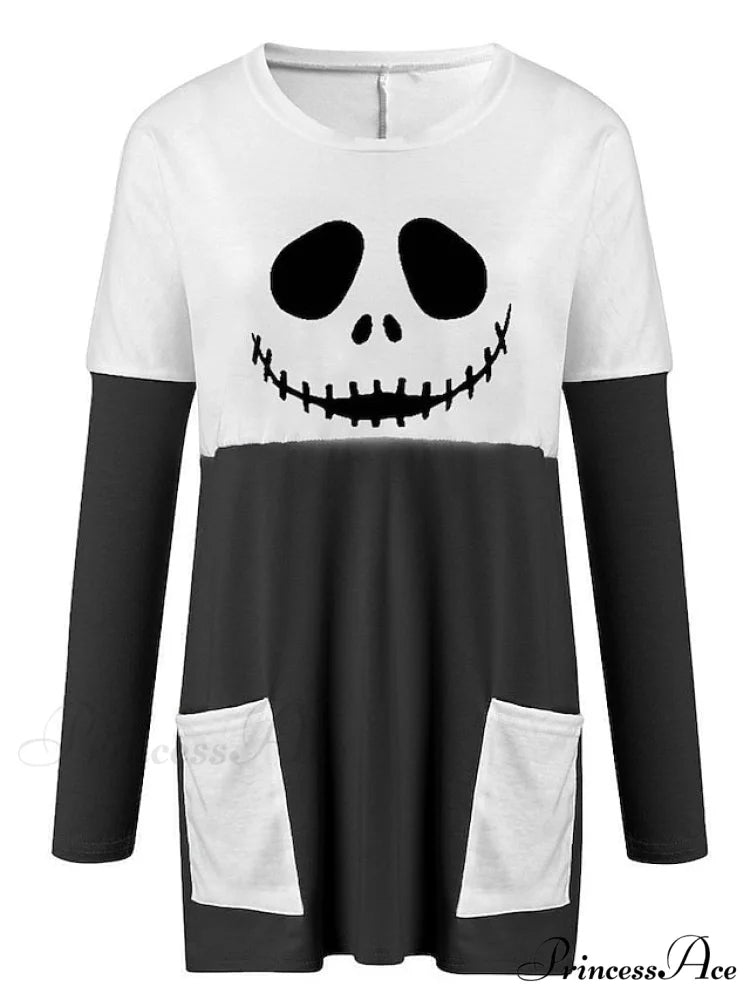 Abstract Women’s Design Black Painting Shirts Round Neck Block White Halloween Long Tunic Plaid Weekend and for and Arm