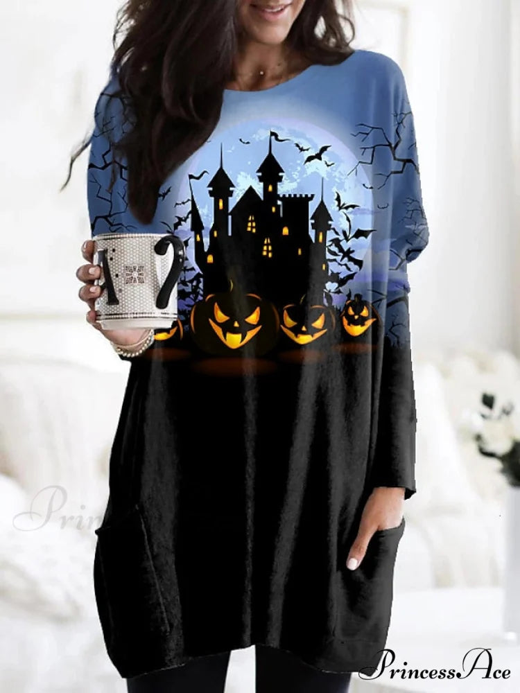 Abstract Women’s Design Black Painting Shirts Round Neck Block White Halloween Long Tunic Plaid Weekend and for and Arm